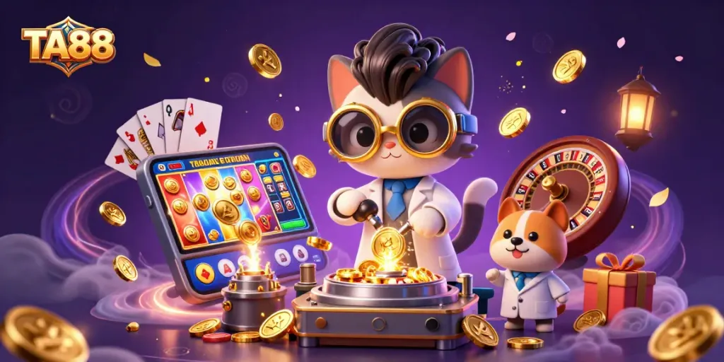 TA88 creates thrilling casino experiences with vibrant slot games and golden coins erupting in a festive illustration.
