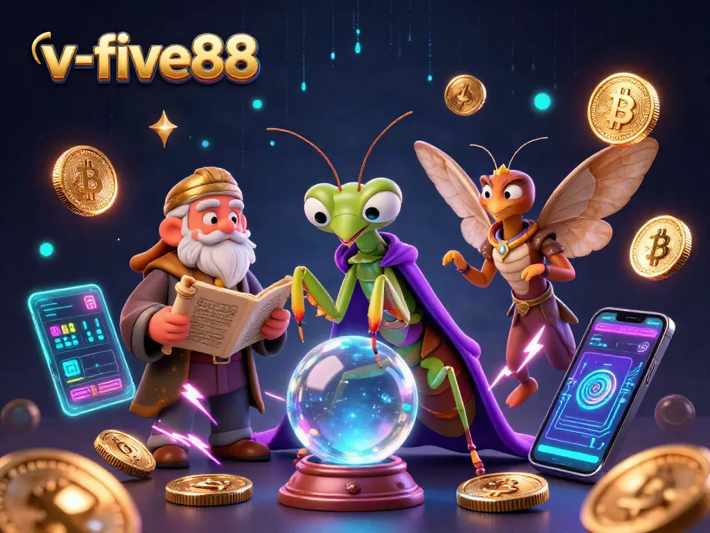 Engage with thrilling games at v-five88, featuring vibrant 3D illustrations of gamblers and crypto elements.