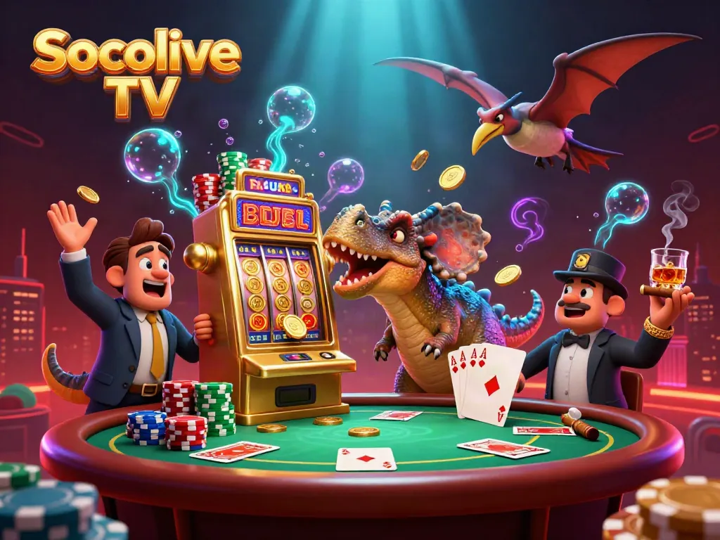 Socolive TV showcases a cartoon dinosaur winning jackpot coins from a slot machine in a vibrant casino scene.