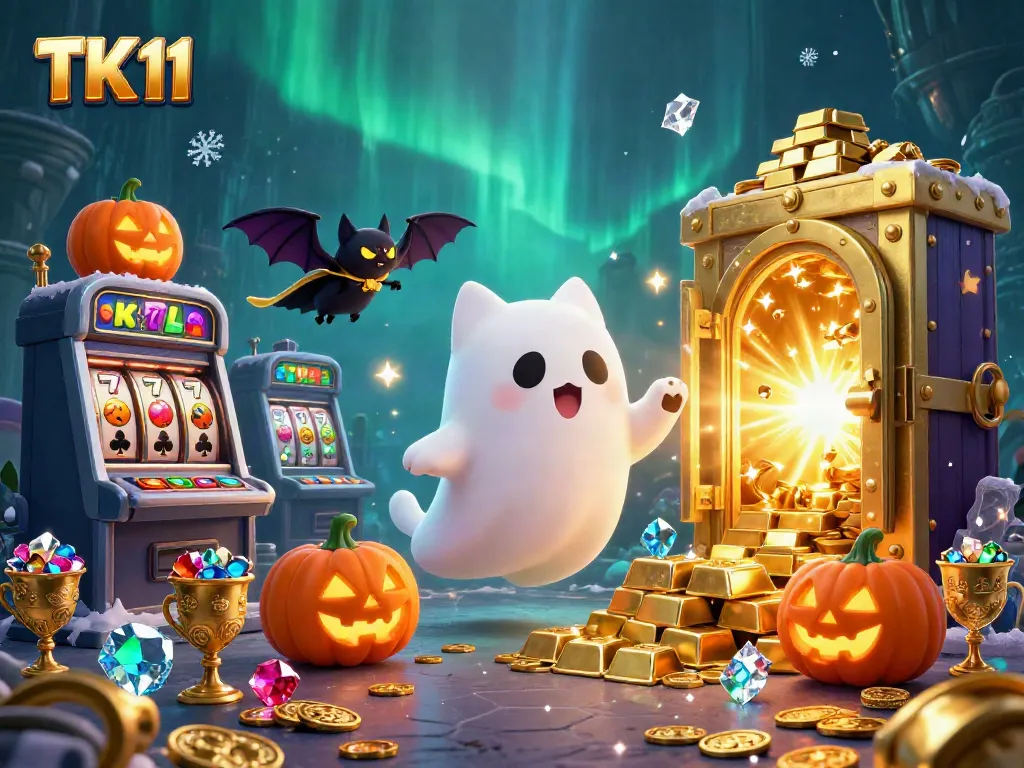 Engage with TK11's vibrant casino scene featuring a friendly ghost cat and treasures.
