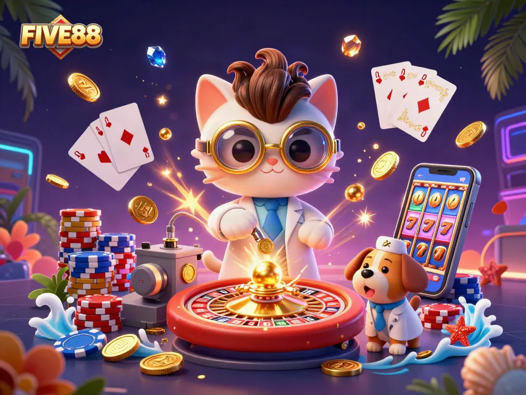 Experience the excitement of FIVE88 with golden coins cascading and vibrant casino elements in an engaging scene.