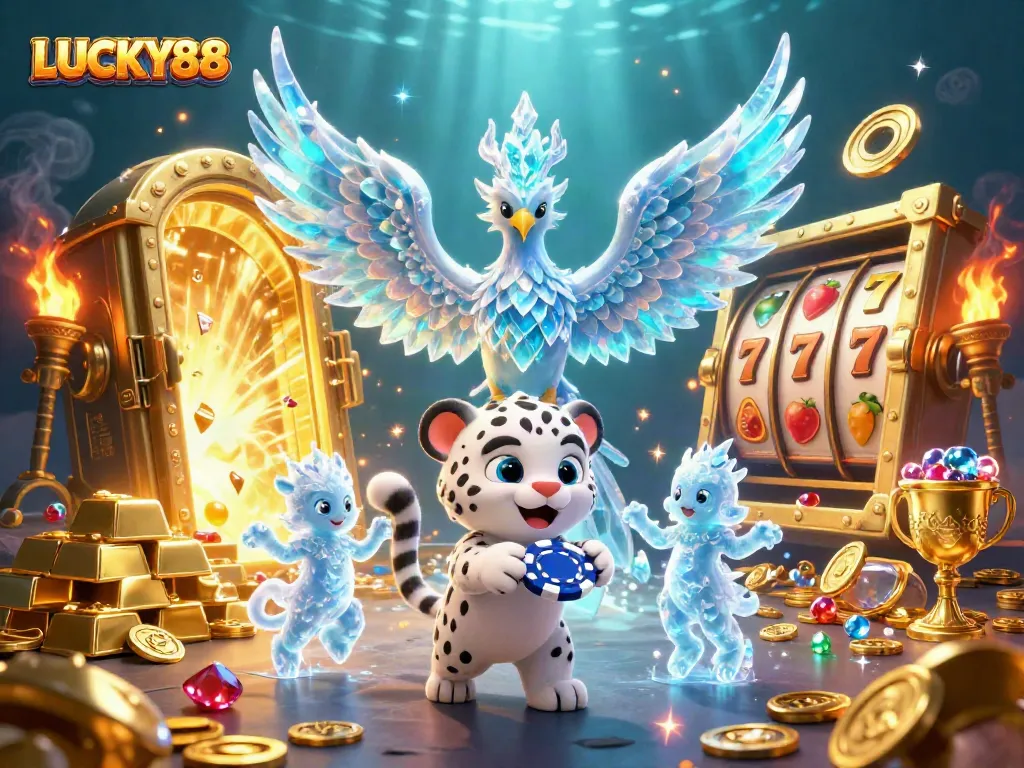 Experience LUCKY88's vibrant casino world with an ice phoenix and magical creatures in a rich, dynamic scene.