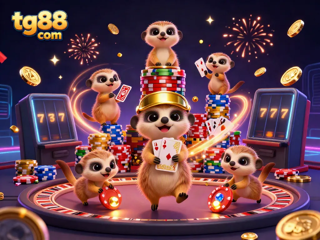 Experience exciting games at tg88 com with lively meerkats running a casino, vibrant casino elements.