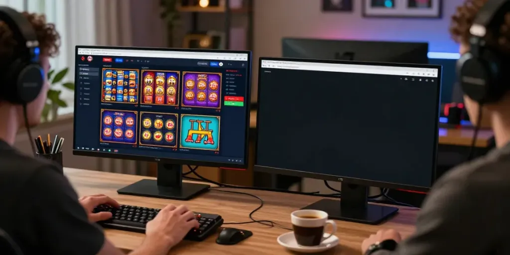 Antarmuka platform seributoto di laptop dengan permainan slot dan togel, menciptakan suasana judi online yang nyaman.