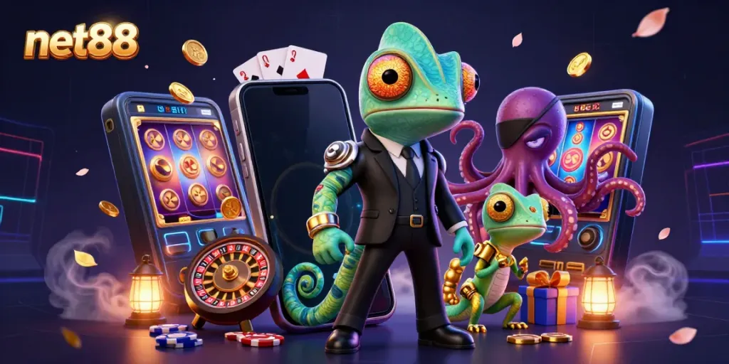 Experience the thrilling world of net88 with a dynamic 3D character scene filled with casino excitement.