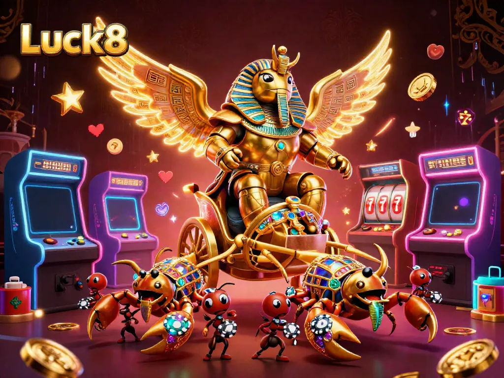 Luck8's vibrant casino scene with golden beetle and 3D game elements enhances gambling excitement.