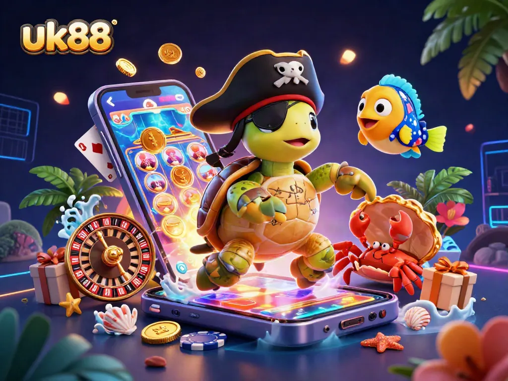 uk88 engages players with exciting slot games and vibrant casino elements in a lively underwater scene.
