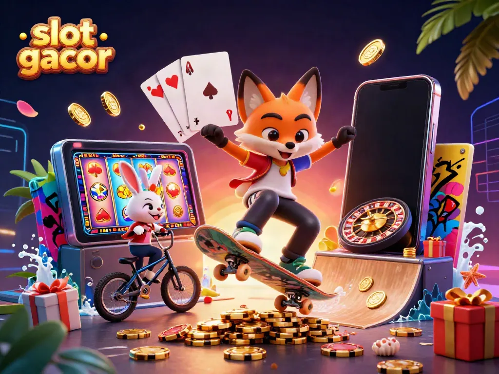 Engage in slot gacor with a dynamic 3D scene featuring fox and rabbit characters amidst colorful casino symbols