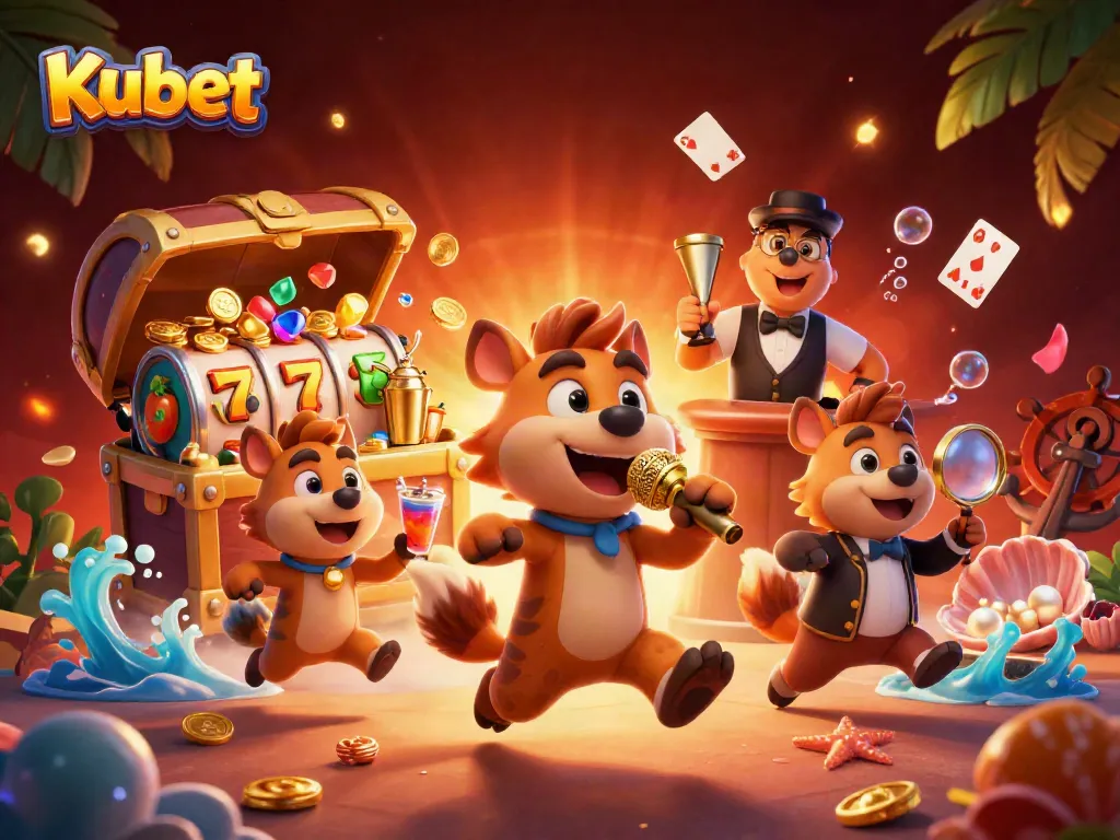 Kubet players enjoying a vibrant casino scene with hyenas, slot machines, and colorful coins.