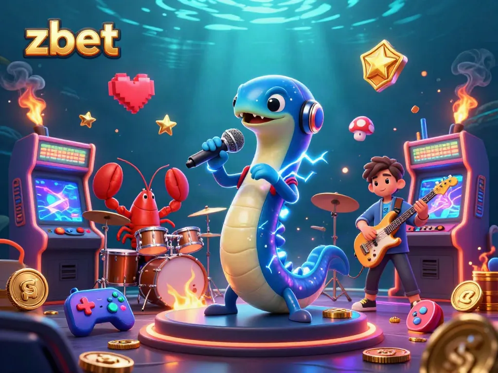 Experience the underwater casino with zbet featuring a DJ electric eel and band, vibrant arcade games, and rich details.
