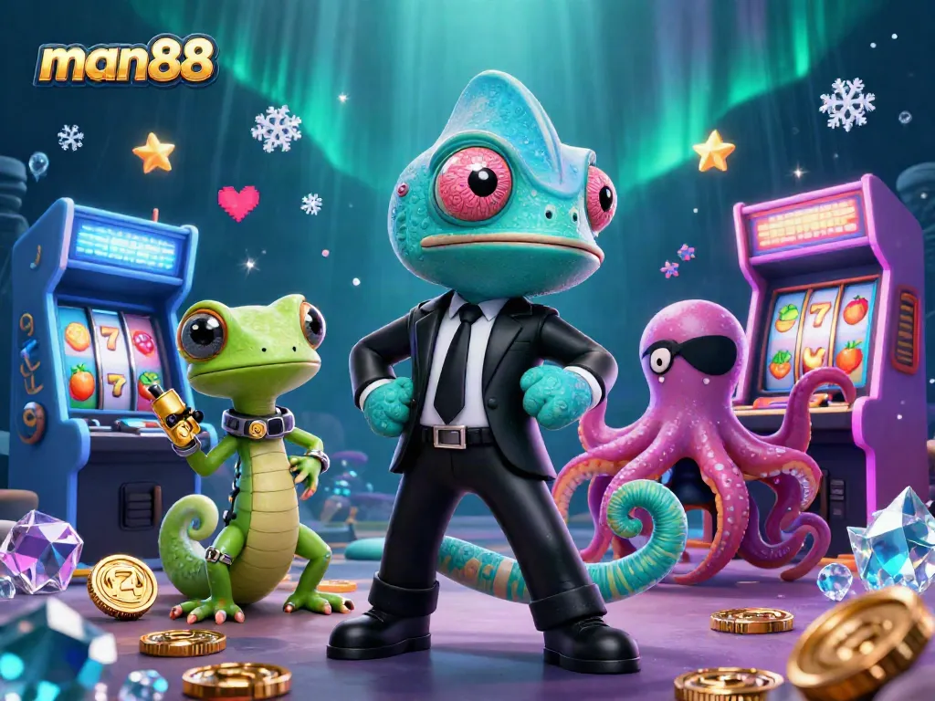 Spin to win at man88 with colorful slots and engaging characters in a vibrant 3D scene.