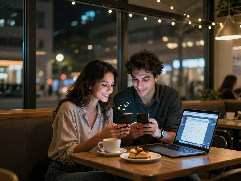 Engaged couple enjoying ai sexting moment in cozy cafe setting.