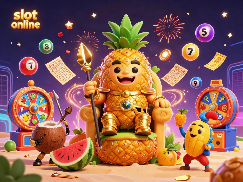 Engage with dynamic slot online fun; vibrant scene featuring characters, lottery balls, and prizes.