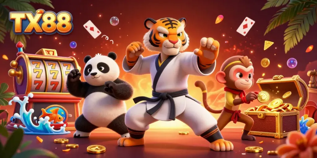TX88 engages players with an exciting 3D illustration featuring slot reels, gold coins, and cartoon characters.