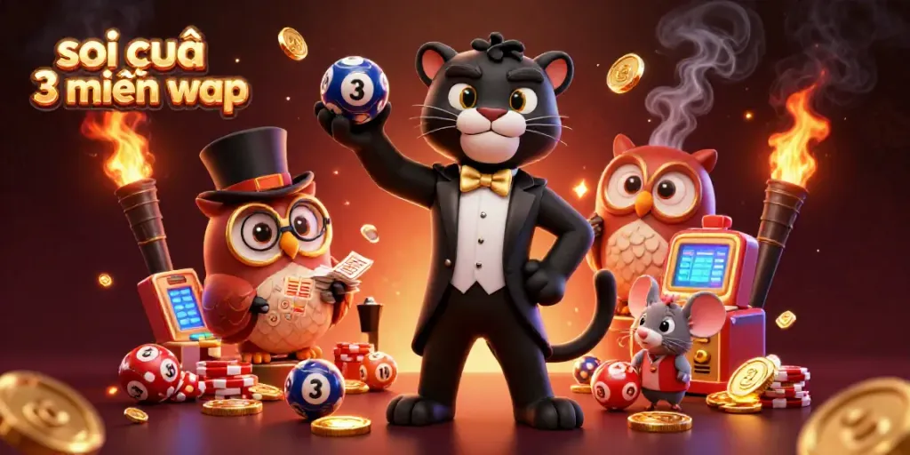 Soi cầu 3 miền wap showcases a dynamic 3D scene of a black panther dealing lottery balls with a cute owl and mouse, surrounded by vibrant casino elements.