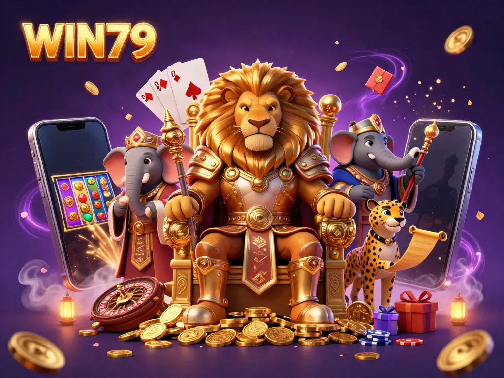 Experience the excitement of WIN79 with a vibrant casino scene featuring iconic gaming elements.