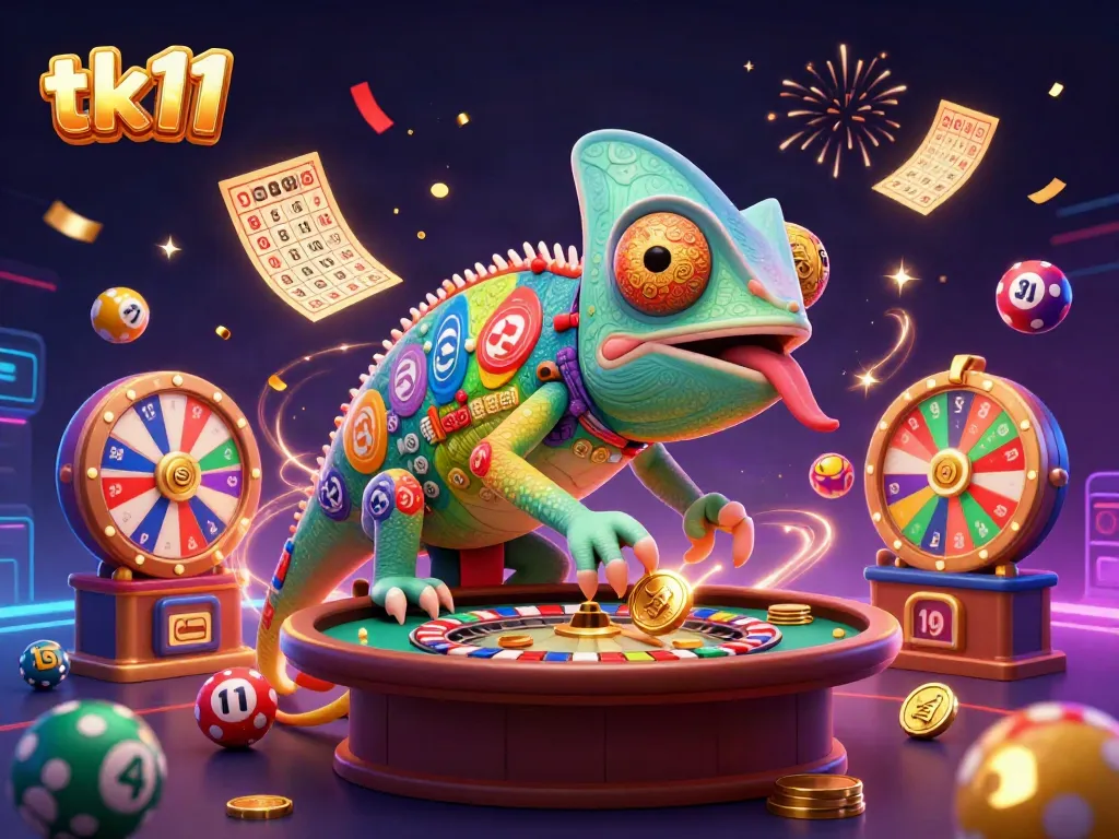 Engage with tk11's vibrant casino scene featuring a chameleon owner amidst dynamic lottery and bingo games.