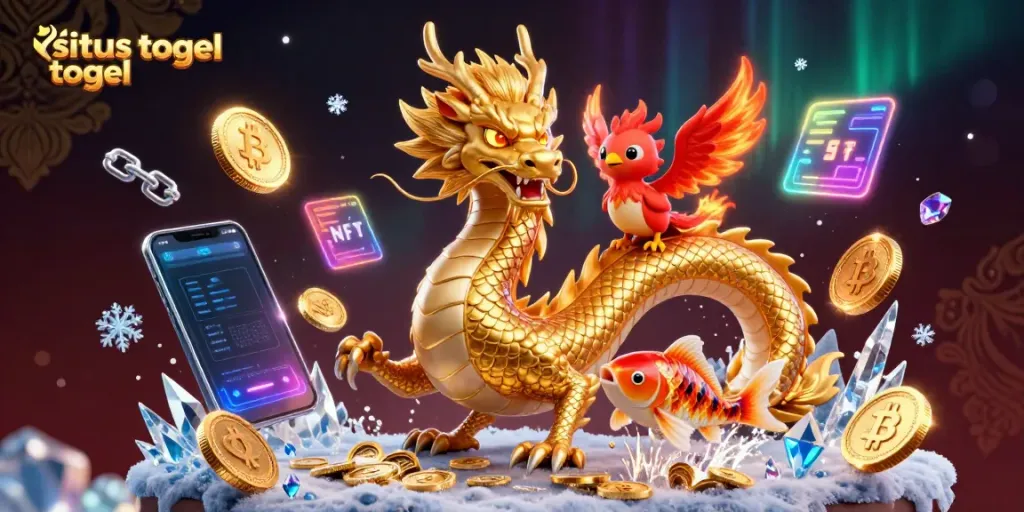 Experience the excitement of situs togel with a vibrant scene depicting a dragon, phoenix, and koi amidst digital gambling elements.