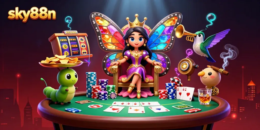 Engage in thrilling gaming action with sky88n featuring a vibrant casino scene filled with dynamic characters and gambling elements.