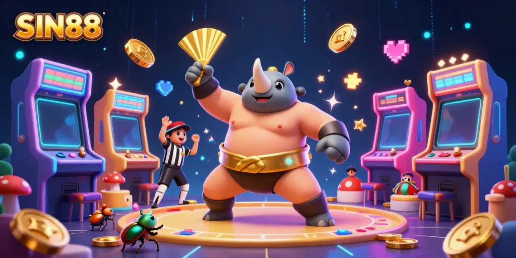 SIN88 game scene featuring a rhinoceros beetle sumo champion sending coins flying with arcade machines in a vibrant casino.