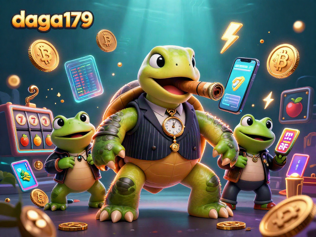 daga179 showcases a vibrant casino scene with a turtle in a mobster suit and crypto elements.