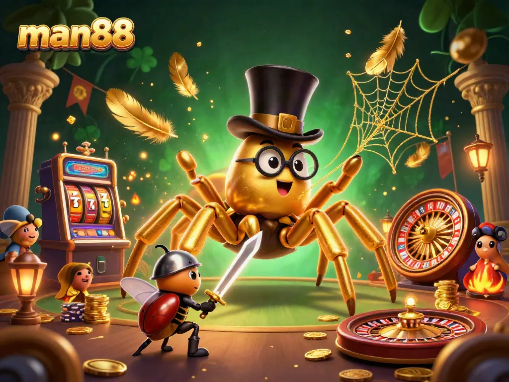 Experience the thrill of man88 at a vibrant casino, featuring a golden tarantula and beetle knight.