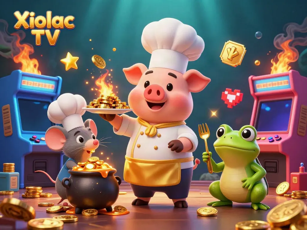 Xoilac TV showcases an interactive 3D gaming scene with a chef pig, mouse, and frog surrounded by casino elements.