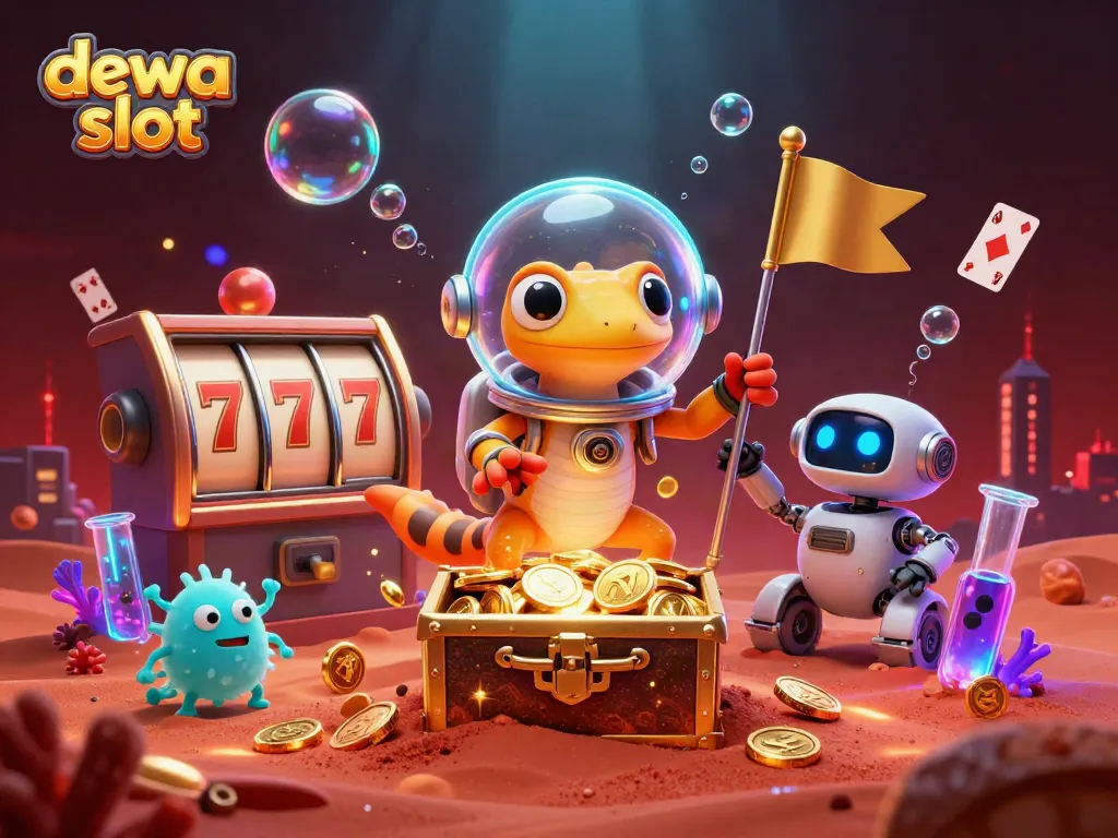 Engage in the thrilling action of dewa slot with a vibrant Martian scene filled with gold coins and slot machines.