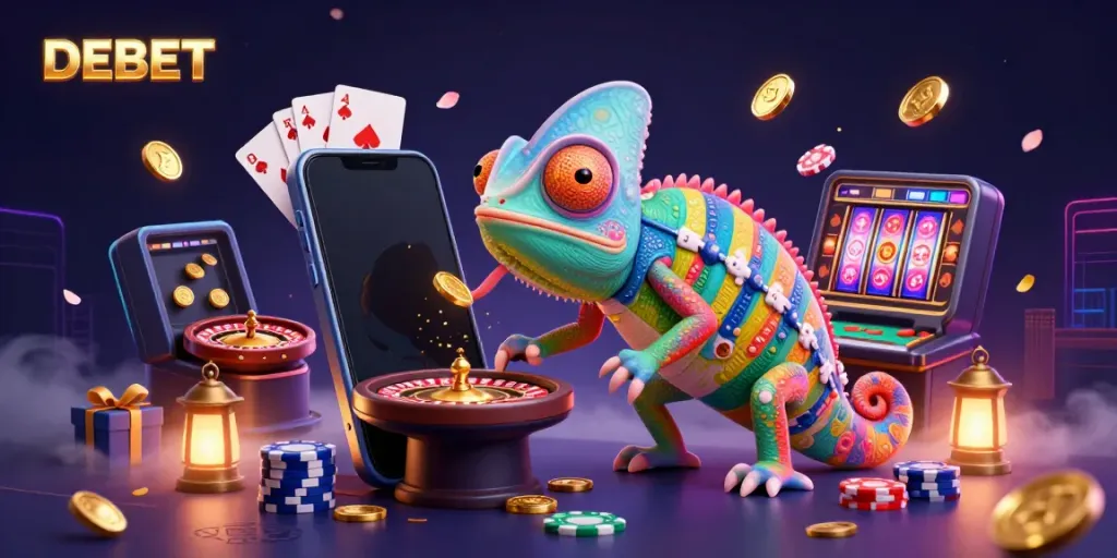 Engage in thrilling gameplay at DEBET with colorful slots and casino atmosphere featuring chameleon owner.