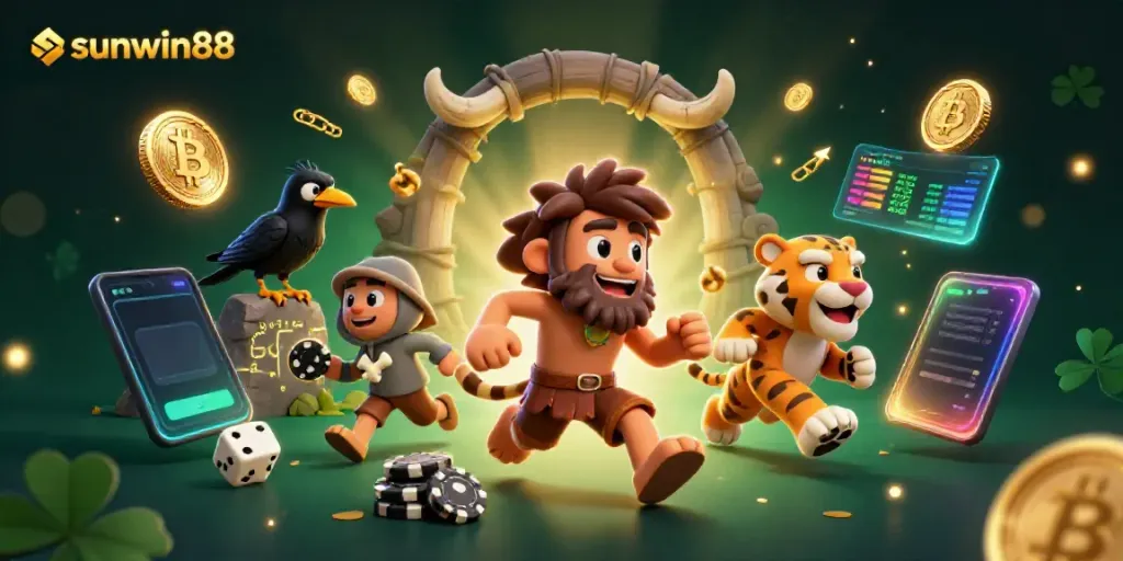 Engage in thrilling games at sunwin88 with a prehistoric casino scene featuring unique characters and crypto elements.
