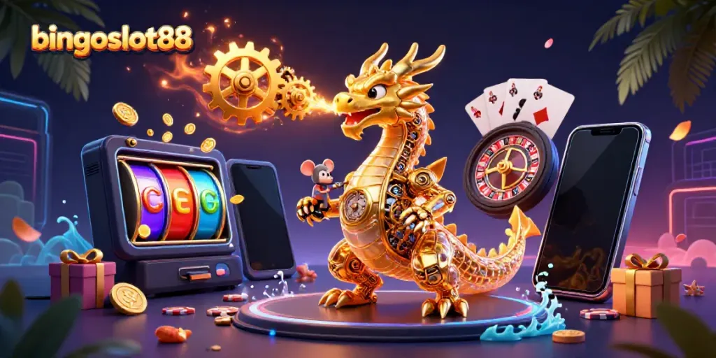 Raih pengalaman bermain di bingoslot88 dengan naga emas mekanis dan elemen permainan kasino yang menarik.
