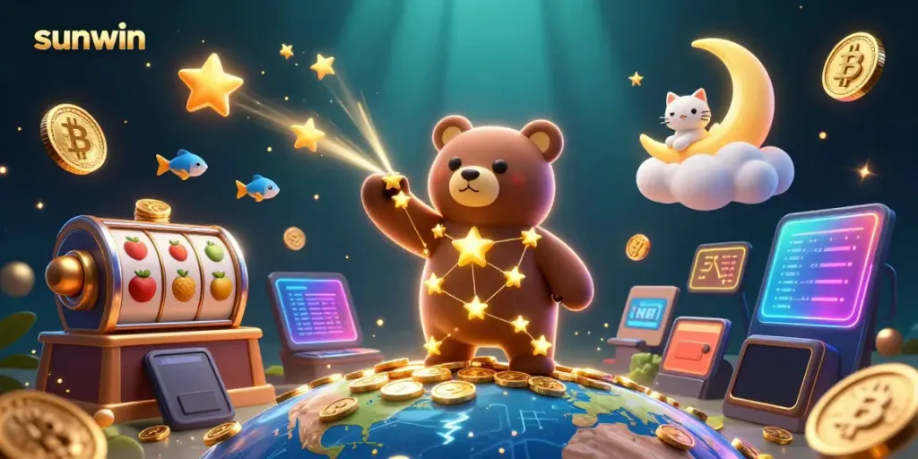 Engage with sunwin's gaming universe showcasing vibrant casino elements including slots and cryptocurrency.