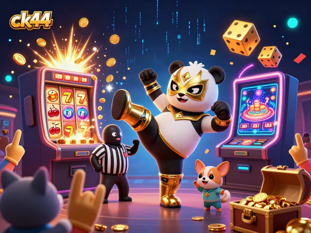 Experience the thrill of ck44 with dynamic gameplay scenes including slots, exciting characters, and festive celebrations.