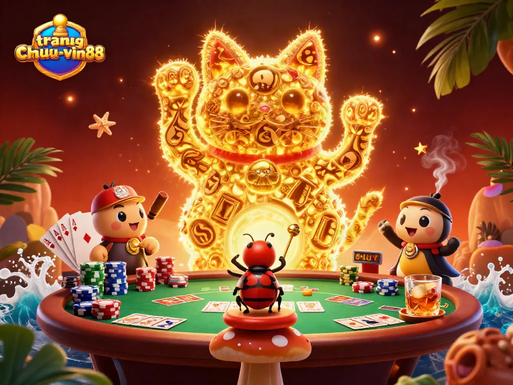 Engage with the vibrant world of trangchu-vin88 through a dynamic casino-themed illustration featuring a lucky cat.
