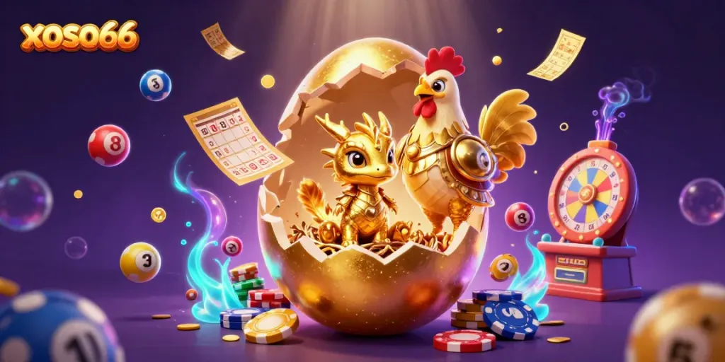 Engage in xoso66 lottery excitement with a dragon and golden poker chips in vibrant 3D