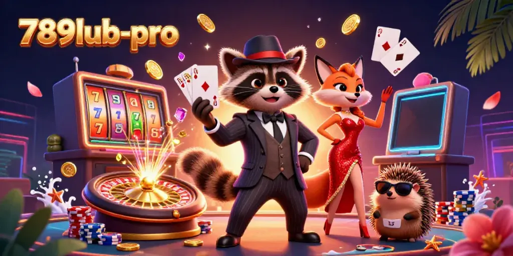 Play slots and win at 789lub-pro with a lively raccoon, fox, and hedgehog in a vibrant casino.