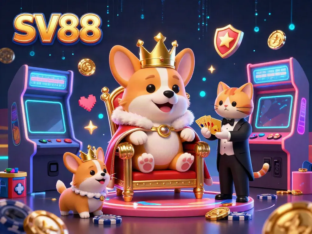 SV88 themed gaming illustration featuring a royal corgi on a throne, vibrant casino elements, and lively atmosphere.