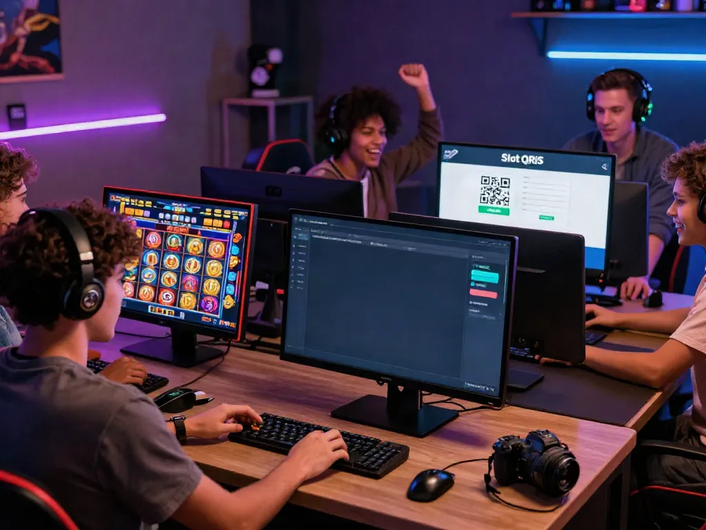 Exciting gaming scene featuring players using slot qris on smartphone and desktop in a vibrant gaming room.