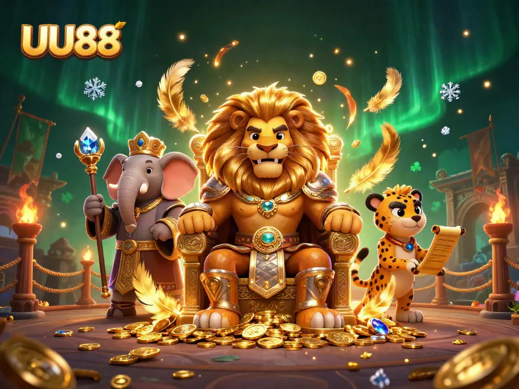 UU88 inspired scene showing a lion king, elephant advisor, and cheetah messenger in a dynamic casino setting.