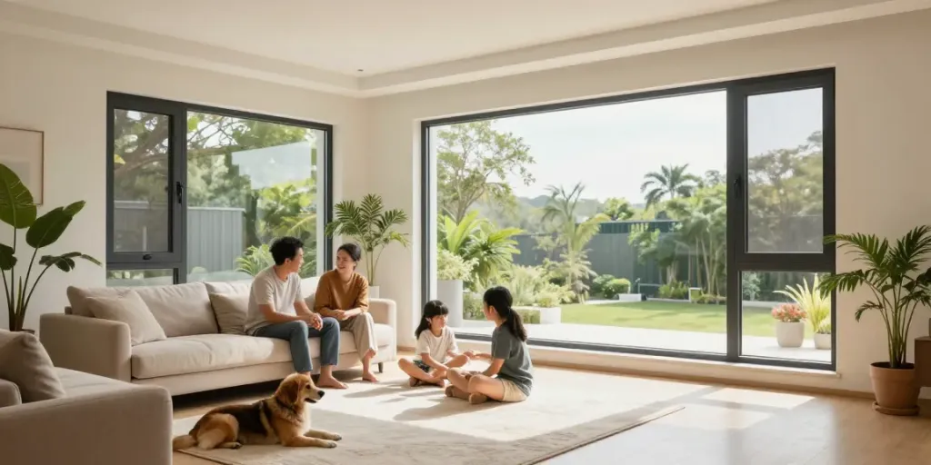 Interior with Conch upvc windows framing a family enjoying time together in a bright, stylish living room.