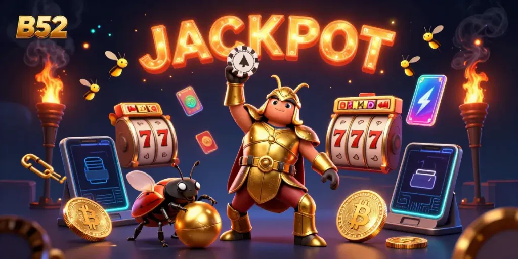 Experience B52's exciting jackpot scene with vibrant characters and casino elements