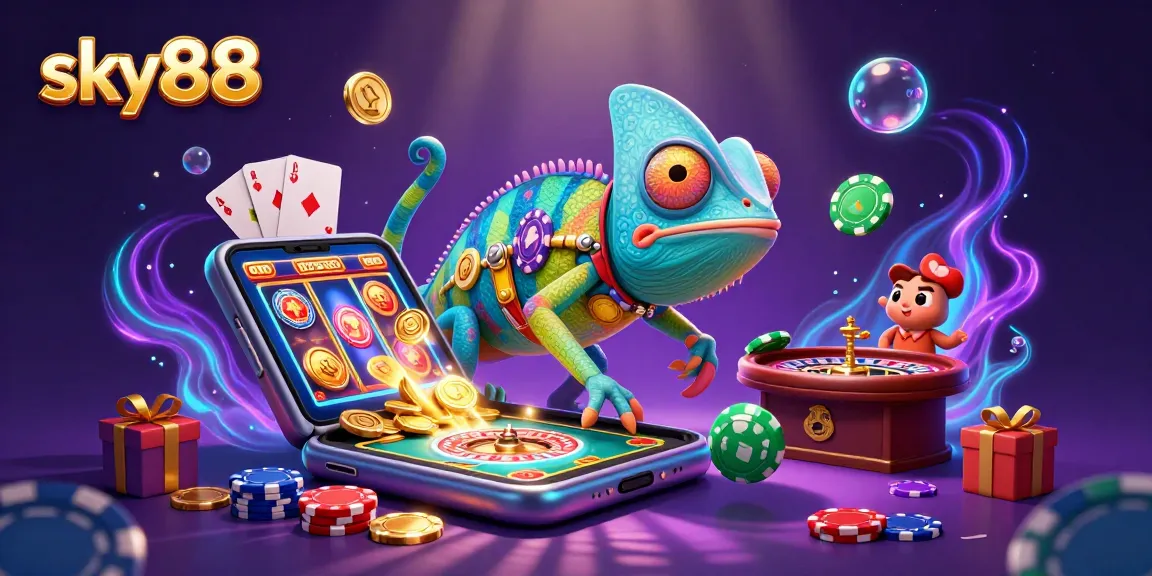 Engage with sky88's vibrant casino world, featuring a colorful chameleon owner and dynamic gambling elements.