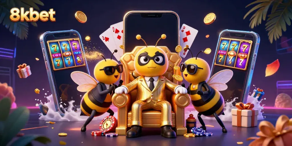 Experience the excitement of 8xbet with a vibrant 3D casino scene featuring dynamic game elements and characters.