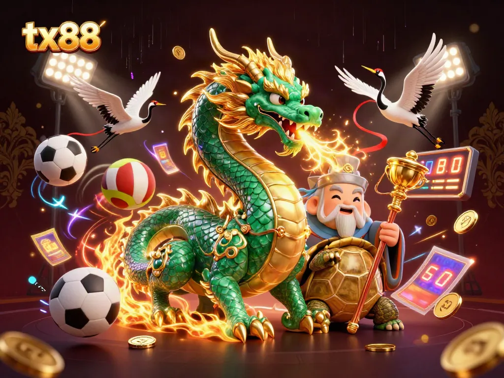 Experience thrilling gameplay with tx88, featuring a dynamic dragon and animated sports icons.
