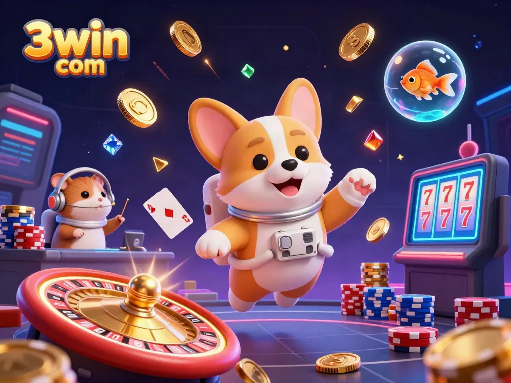 Win big at 3win com with a vibrant space casino experience featuring floating characters and dynamic gameplay elements.