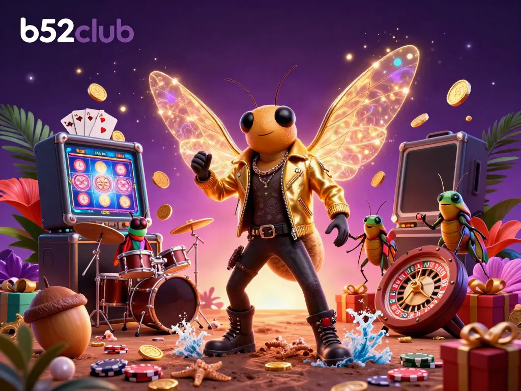 Experience thrilling gambling moments with b52club in a vibrant casino scene featuring a rock star, drummer, and dynamic game elements.
