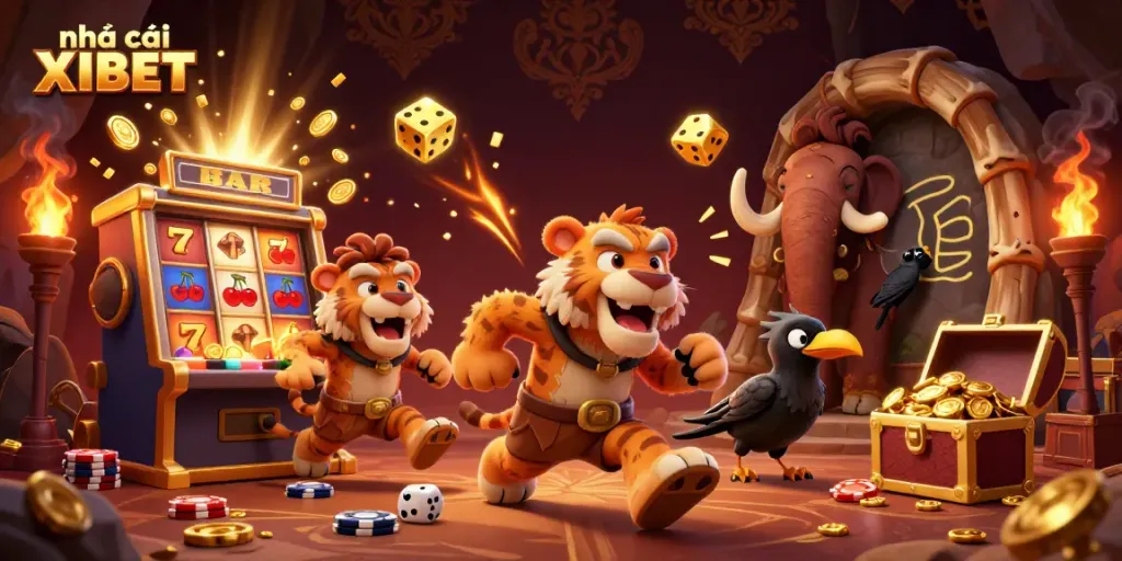 Experience excitement with nhà cái XIBET in this thrilling 3D casino scene featuring lively characters and dynamic gaming elements.