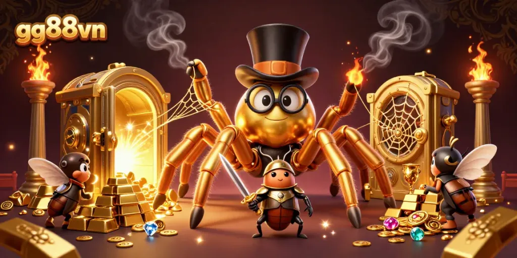Engage with gg88vn's thrilling casino adventure featuring a golden tarantula and beetle knight.