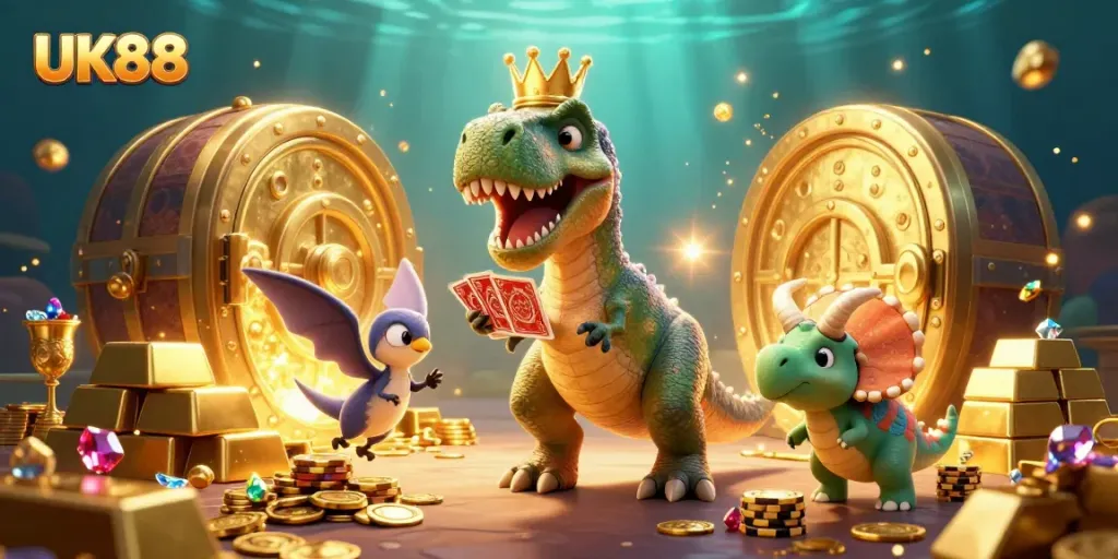 Experience thrilling gambling adventures with UK88 featuring cartoon dinosaurs and treasure