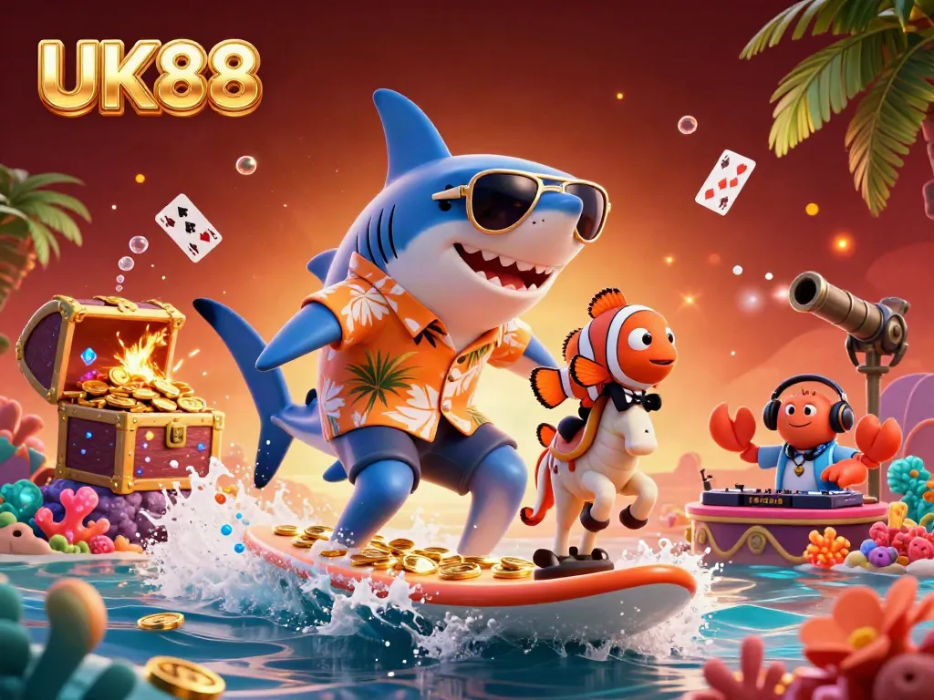 Experience the excitement of UK88 with a shark surfing on gold coins, surrounded by colorful gems and playful underwater elements.